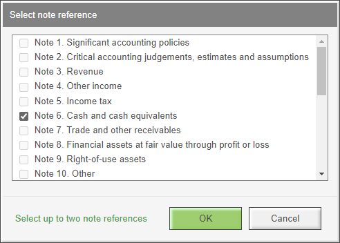 Image shows a dialog box listing the notes in the report. The notes have checkboxes next to them indicating they can be selected.